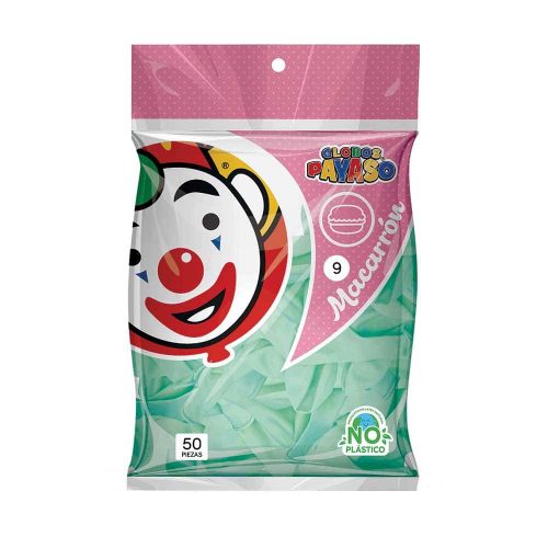 Globos Payaso Macarrón Menta Número 9 Bolsa con 50 piezas